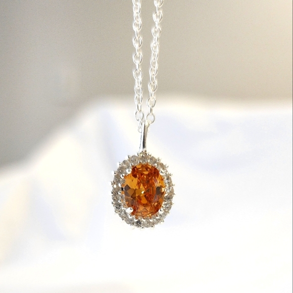 Orfevrerie Wiskemann Sterling 925 Citrine Colored CZ Zirconia Halo Necklace 18" - Picture 1 of 9